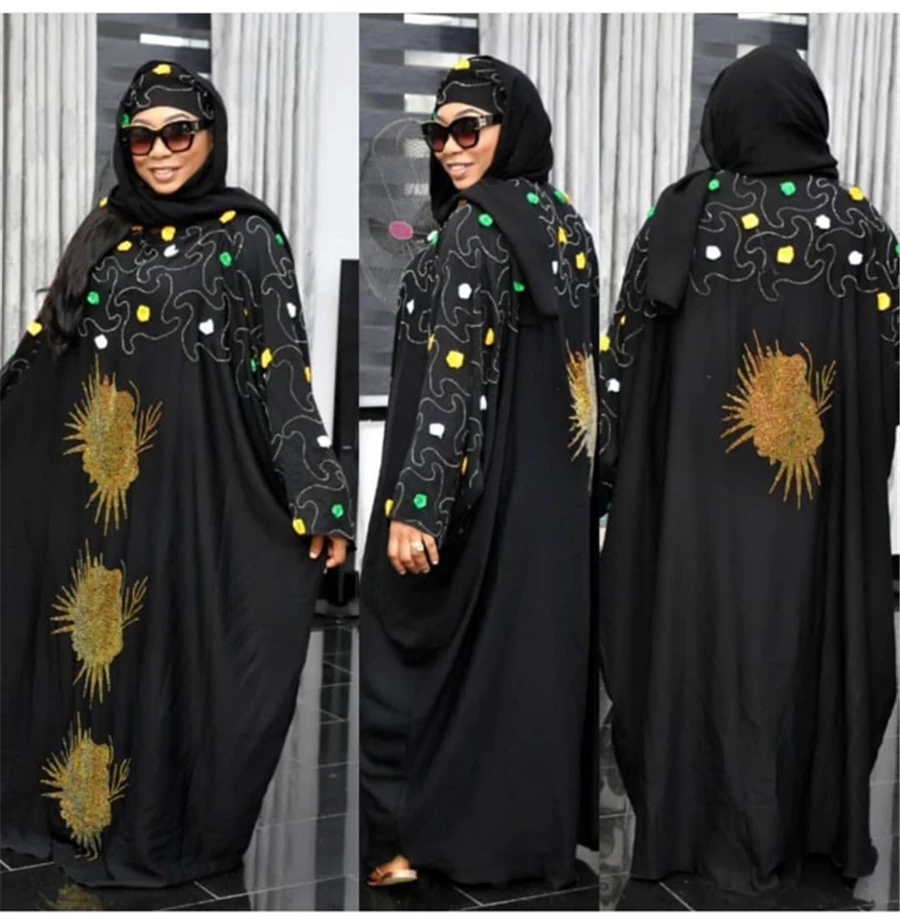

BAIBAZIN African Dresses for Women Silk Round Neck Hot Drilling Stick Hand-colored Decorative Small Flowers With Hooded Robes