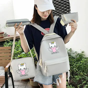 

Cartoon Alphabet Student Cat Backpack Casual Large Capacity Travel 4 Piece Set Multi-Function Small Ladies School Backpack