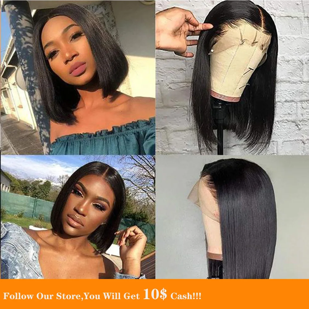

Short Bob 13X6 Lace Front Wig For Women 250% Density Straight Black Soft Pre plucked Human Hair Wig Free For Brazil Baby Hair
