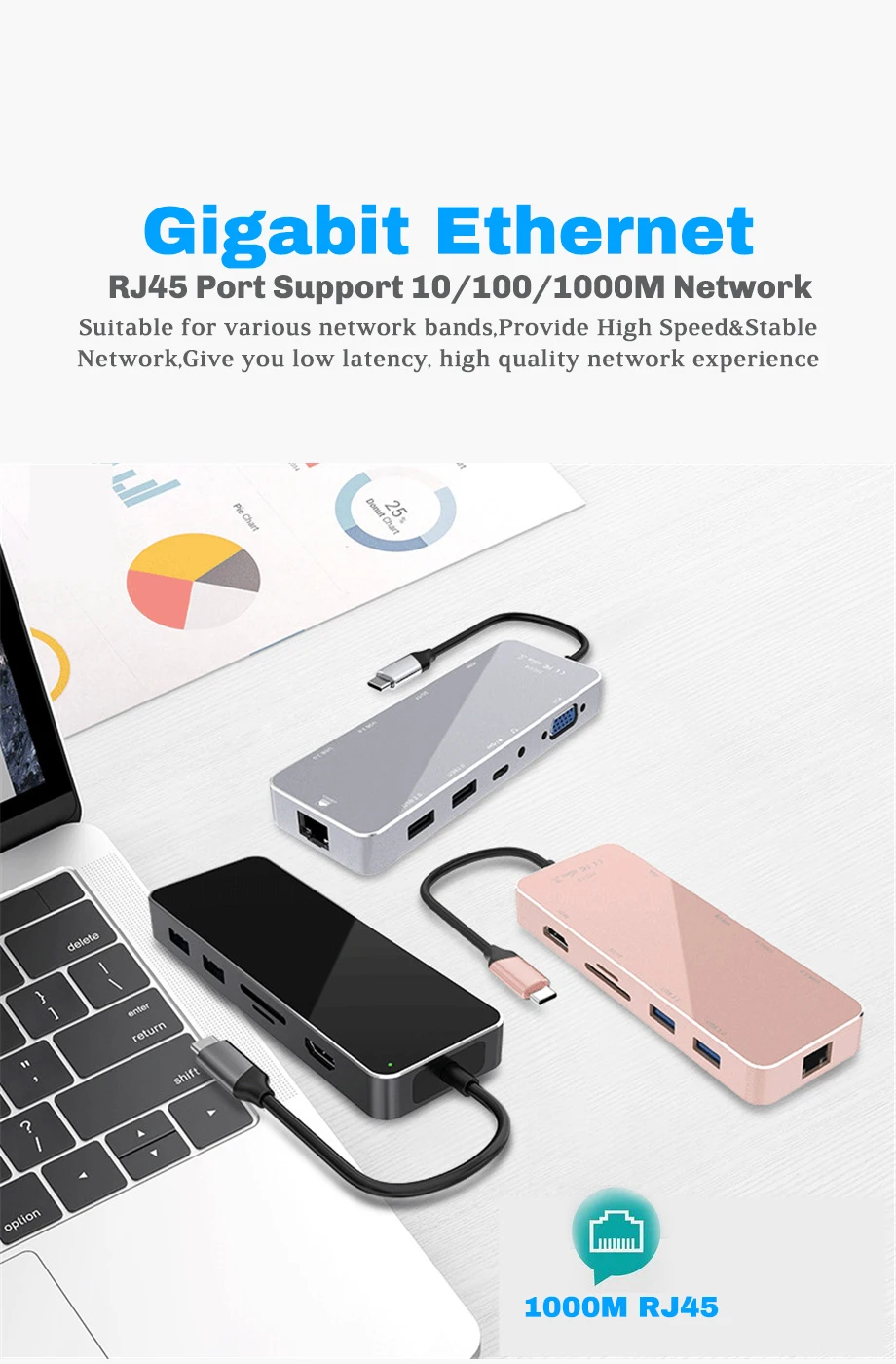 Asunflower Многофункциональный USB C концентратор для MacBook Pro док-станция 4K HDMI A VGA адаптер type C к USB 3,0 2,0 RJ45 с PD зарядным портом
