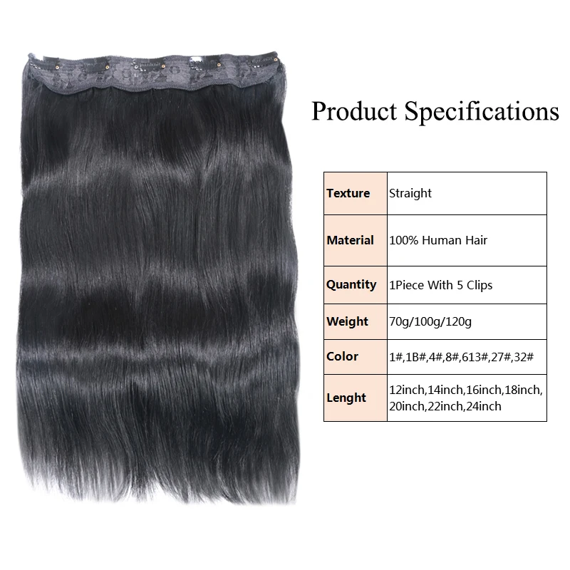 Straight Clip In Human Hair Extensions #1#1B #4 #8 #613 #27 #32 Remy Hair 5 Clips in 1 piece Human