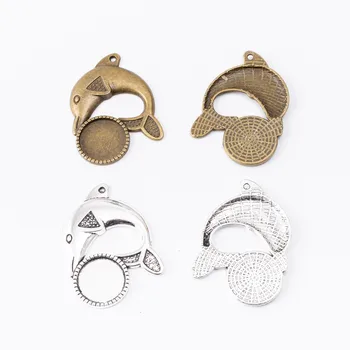 

30pcs 45*32MM Fit 16MM Antique Dolphin DIY blank pendant base silver color cameo cabochon setting stamping tray bezel jewelry