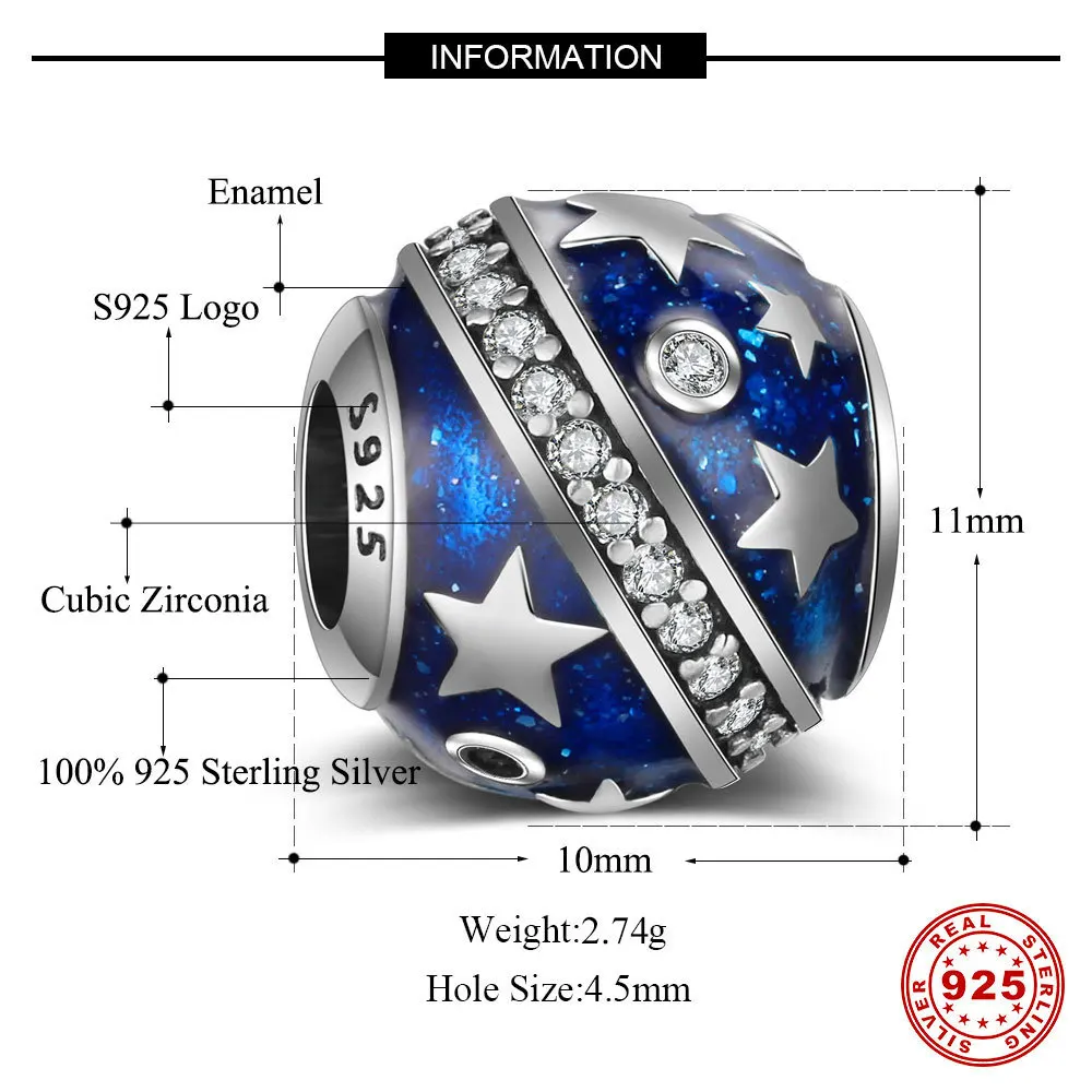 Подходит для оригинального браслета pandora, бусины из стерлингового серебра 925, Круглый, прозрачный, Кристальный, звезда, голубое небо, бусины для женщин, девушек, ювелирные изделия, аксессуары