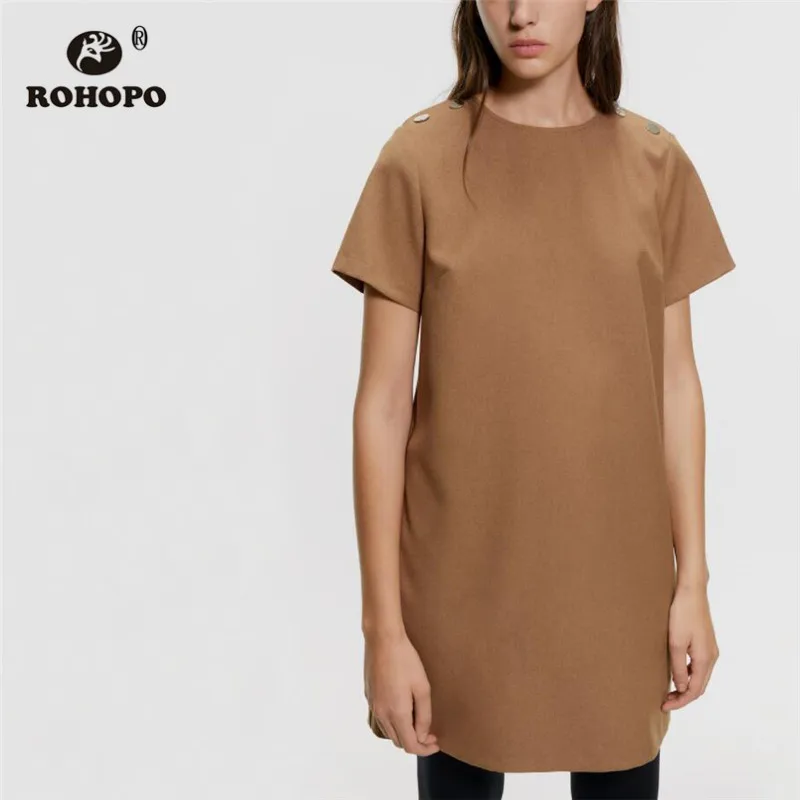 

ROHOPO Butterfly Short Sleeve Round Collar Straight Mini Tee Dress Back Split Neck Buttons Shoulder Autumn Yellow Robe #9507