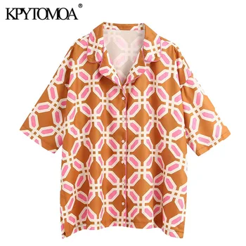 

KPYTOMOA Women 2020 Fashion Geometric Printed Loose Blouses Vintage Lapel Collar Short Sleeve Side Vents Female Shirts Chic Tops