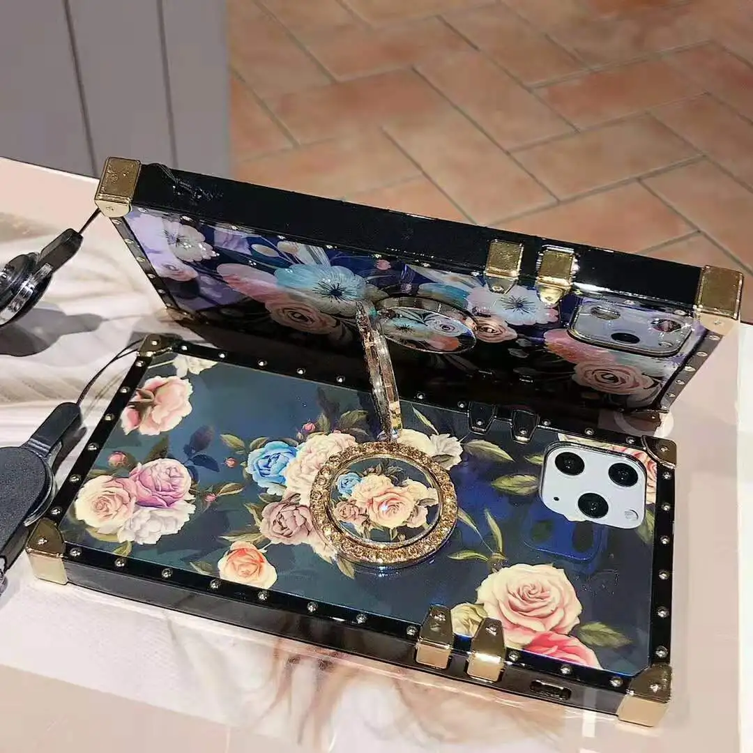 Luxury Europe style fashion flower Peony square blue ray case for iphone 11 Pro MAX XS XR X 8 7 6 6s Plus ring soft phone cover