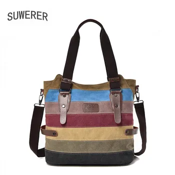 

SUWERER 2020 New Canvas women bag hit color shoulder messenger bag female bag simple canvas bag color striped handbag