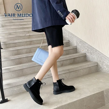 

VAIR MUDO Women Flats Shoes Black Casual Shoes Women Lace Up Genuine Leather Spring Summer Autumn Ladies Footwear Fashion D59L