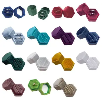 

Velvet Double Ring Box Hexagon Wedding Ceremony Ring Box with Detachable Lid P0RF