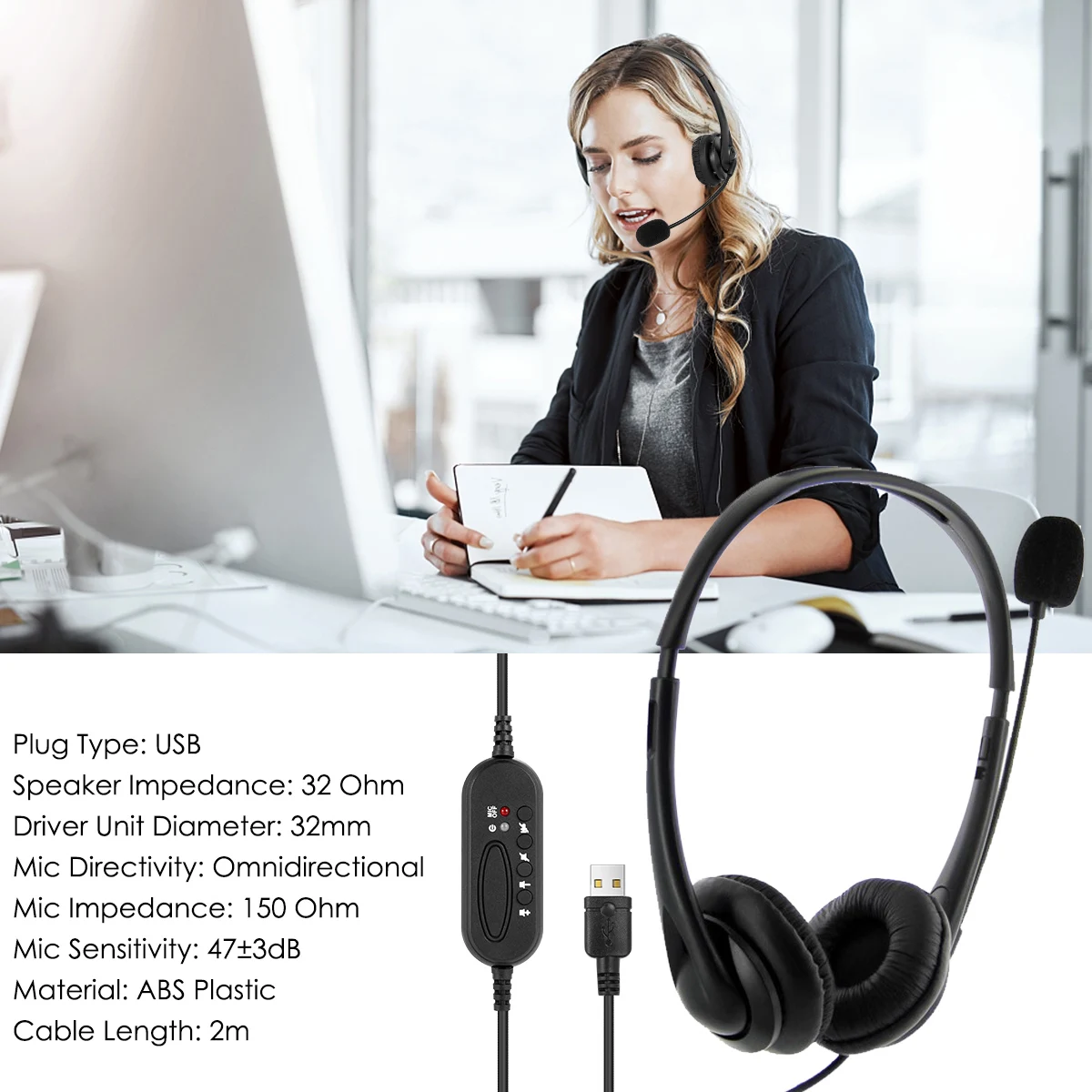 USB Wired Headset Earphone with Noise Concealing Microphone for Laptop Desktop Corded Telephone