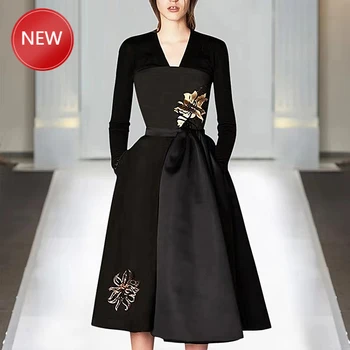 

Women'S Fashion Party Work Sexy Vintage Elegant Chic Embroidery Black Long Sleeve Dress High Quality Spring New 2020