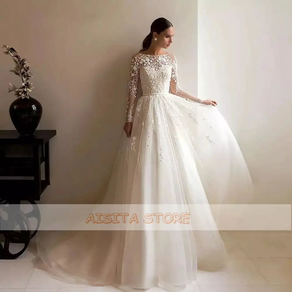 Vintage Wedding Dresses 2022 Vestido De Novia Long Sleeves O Neck Lace Appliques A Line Button Tulle Sweep Train Bridal Gown wedding dress for women