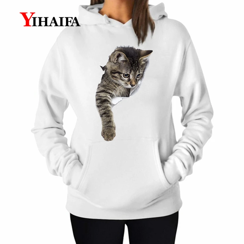 YIHAIFA, Женский пуловер с длинным рукавом, принт с кошкой, креативная графика, женские толстовки, Женская толстовка, Harajuku, пальто, топы