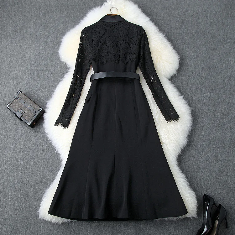 Черное платье для офисной леди Осень-Зима С Вырезанным воротником и длинными рукавами в стиле пэчворк, с кружевом и поясом, ТРАПЕЦИЕВИДНОЕ ПЛАТЬЕ МИДИ