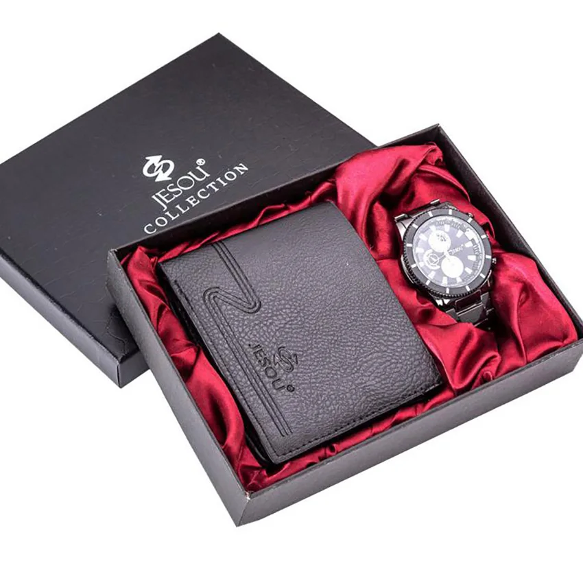 Мужские часы подарочный набор с коробкой роскошные мужские портмоне часы мужские часы Элитные кварцевые наручные Комплект часов для отца подарок на день бойфренда - Цвет: Черный