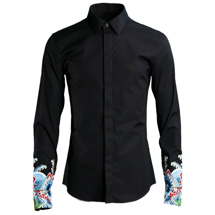 

Luxury Embroidered Shirt Fashion White Black Long Sleeve Dress Men Trend Mens Shirts Casual Slim Fit