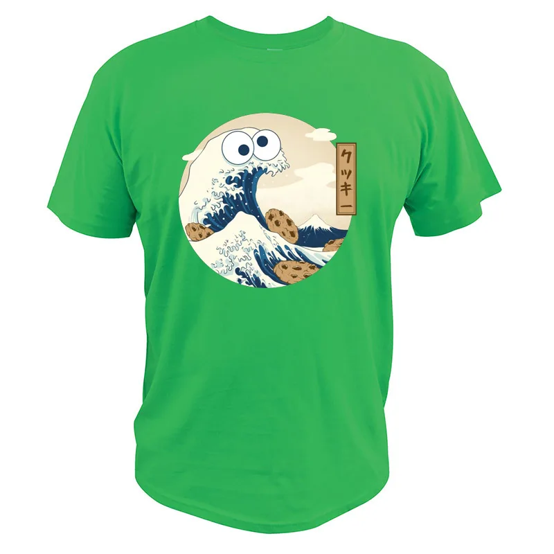 Зеленый The Great Wave off Kanagawa Cookie Monster T Shirt Hokusai The Muppets Cookie Tee EU Size Pure Cotton Tops Sesame Street Tshirt - Цвет: Зеленый