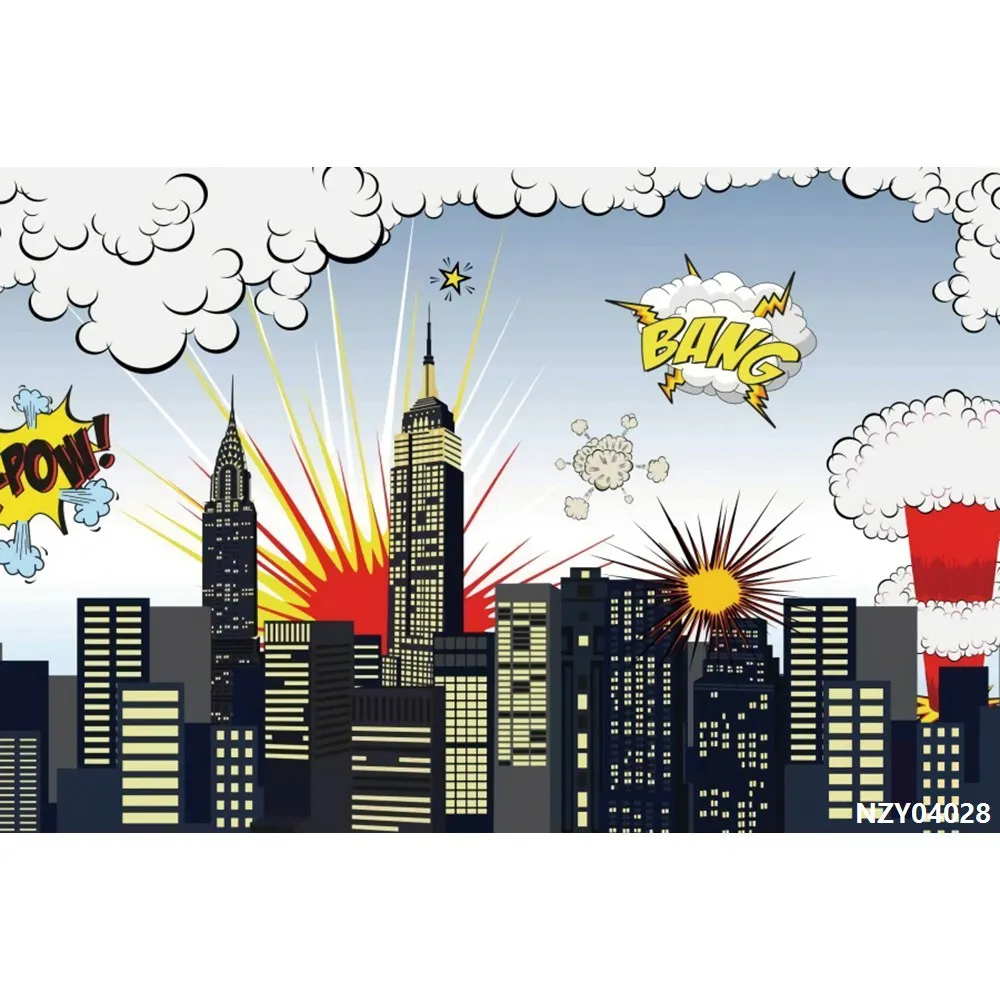 Laeacco Comics городские здания облака бум Pow день рождения фотографии фоны индивидуальные Фотофон для фотостудии - Цвет: NZY04028