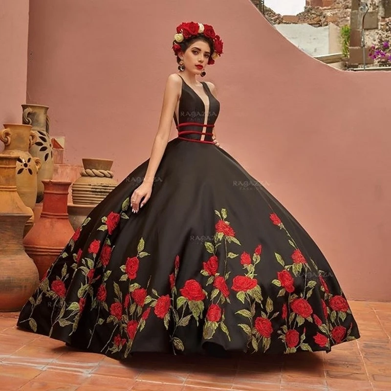 Vestido De baile De quinceañera, traje negro con cuello en V, cuentas, tren De barrido, dulce 16, bordado, 2023 _ - AliExpress Mobile