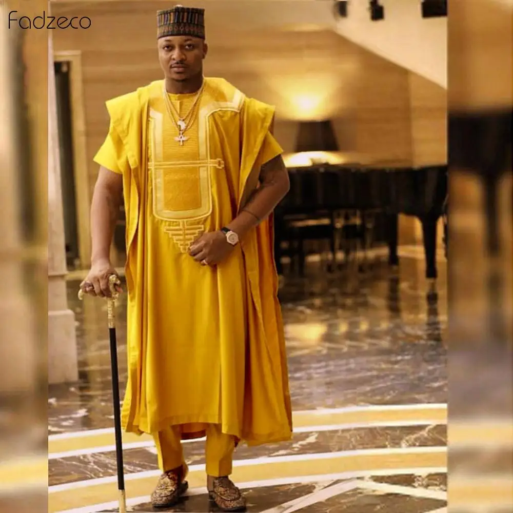 Fadzeco Agbada 2019 Мужская африканская вышивка Дашики желтый Дуду топ с коротким рукавом