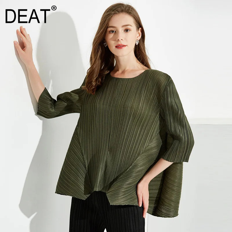 

[DAET] 2019 New Pattern Fashion Wild Japanese Pleated Solid Stitching Irregular Round Collar Loose Vintage Women's T Shirt AD080
