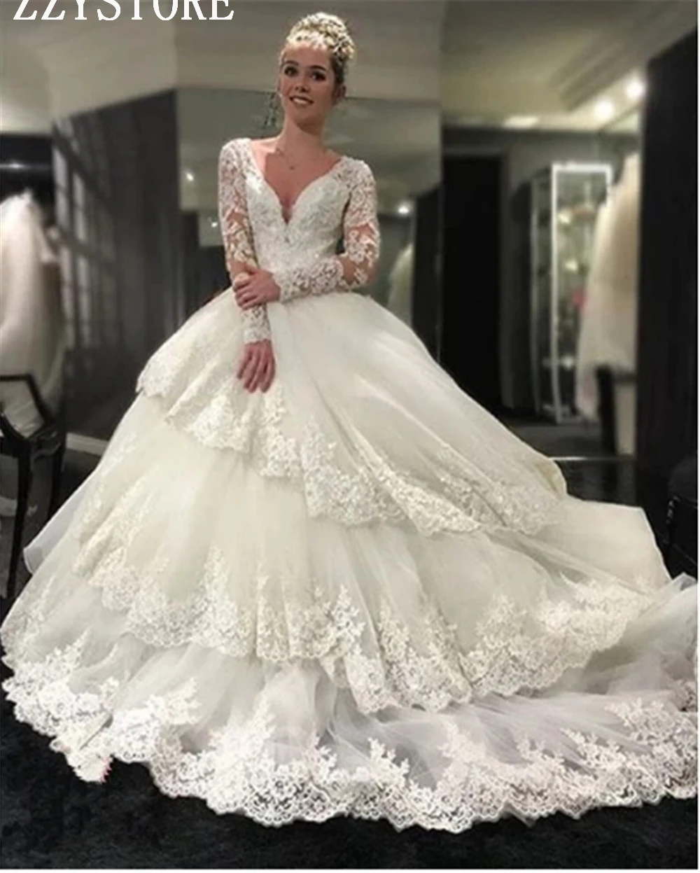 Vestidos de Novia Сексуальные Длинные рукава Глубокий v-образный вырез бальное платье свадебное платье Роскошные Аппликации Бисероплетение заднее отверстие с длинными рукавами халат