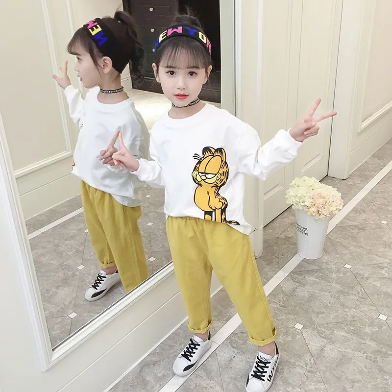 

Childrenswear Girls Spring Set 2019 New Style Big Boy Casual Fashion Cartoon Sweater Trousers Western Style Two-Piece Set