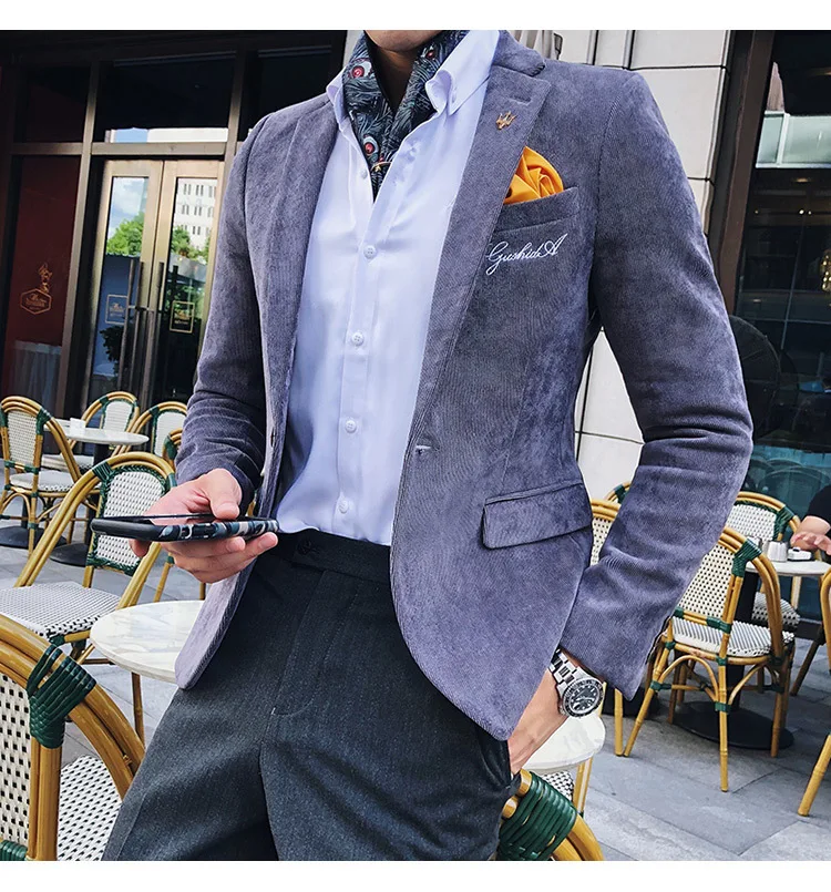 Corduroy Blazer Men Slim Fit Green Khaki Grey Male Blazer Suit Jacket Gold Embroidery Terno Masculino Korean Men Blazer