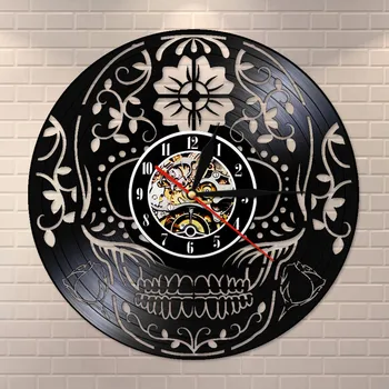

The Day of the Dead Vinyl Record Wall Clock Hand Carved Skull Día de los Muertos Decorative Clock Quartz Movement Silent Clock