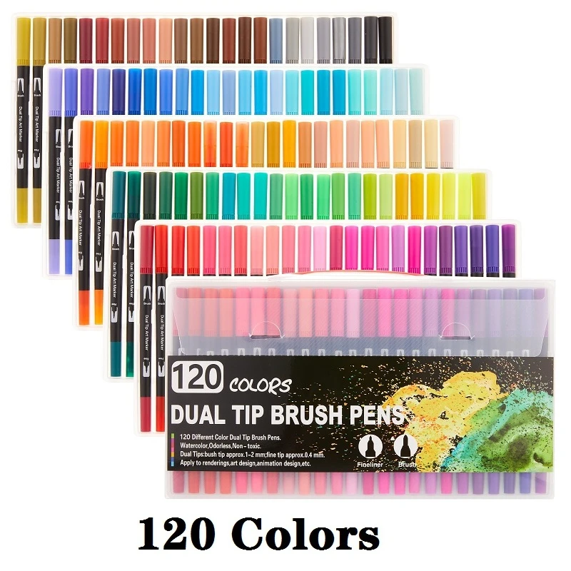 

48/72/120 Colors Fine Liner Drawing Painting Watercolor Markers Pen Art Dual Tip Brush Pen Graffiti Pen School Supplies 04350