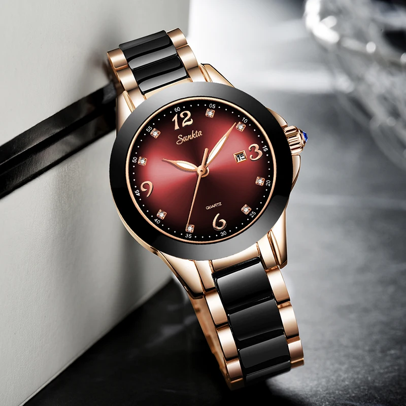 SUNKTA, роскошные Брендовые Часы для женщин, золотые женские кварцевые часы, Reloj Mujer, Авто Дата, наручные часы для женщин, Relogio Feminino+ коробка