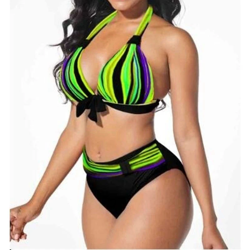 S-5XL Plus Size Neon Striped Bikini Set Push Up Women High Waist Halter Beach Swimwear Retro Bowknot Bathing Suit Swimming Suit gold bikini set