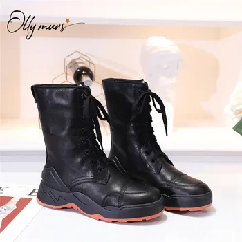 

OllyMurs New Fashion Black Genuine Leather Gladiator Lace Up Women Winter Boots Round Toe Flat Autumn Ankle Boots Shoes Women
