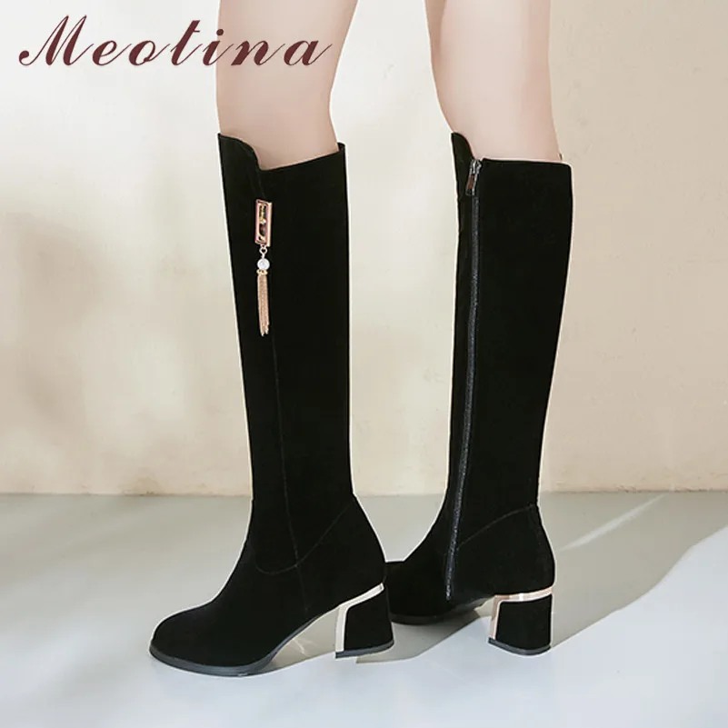 Meotina/зимние сапоги до колена женские модные высокие на высоком массивном каблуке