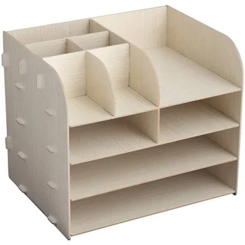 

Wooden Desktop Organiser, DIY Home Office Supplies Storage Cabinet with 2 A4 File Holder Sections and 8 Compartments