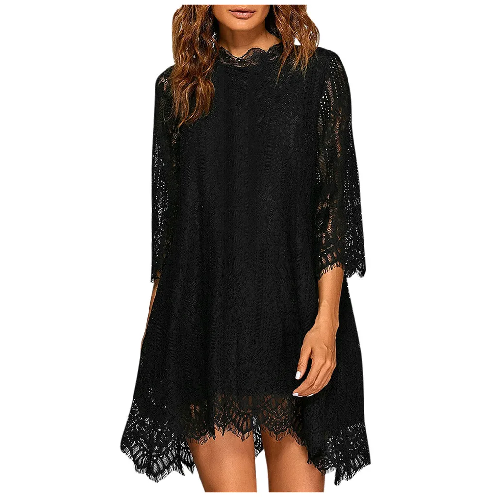 Sukienki vestidos ropa mujer, женское платье, рукав три четверти, круглый вырез, одноцветное, кружевное, с принтом, свободное, зимнее платье, robe hiver femme