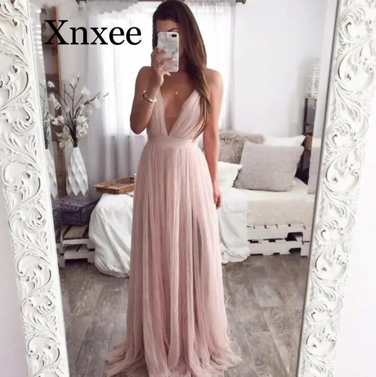 Женское шифоновое платье в пол розовое длинное вечернее макси без рукавов стиле