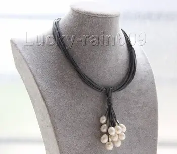 

Genuine 16" 15row 14mm white pearls dark gray leather necklace e2299