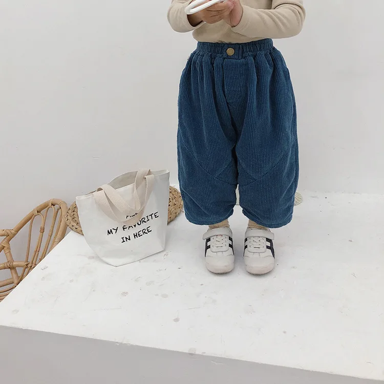 Winter boys girls soft fleece thicken corduroy Ultra-wide-leg trousers children cute loose casual trousers 1-7Y - Цвет: Синий