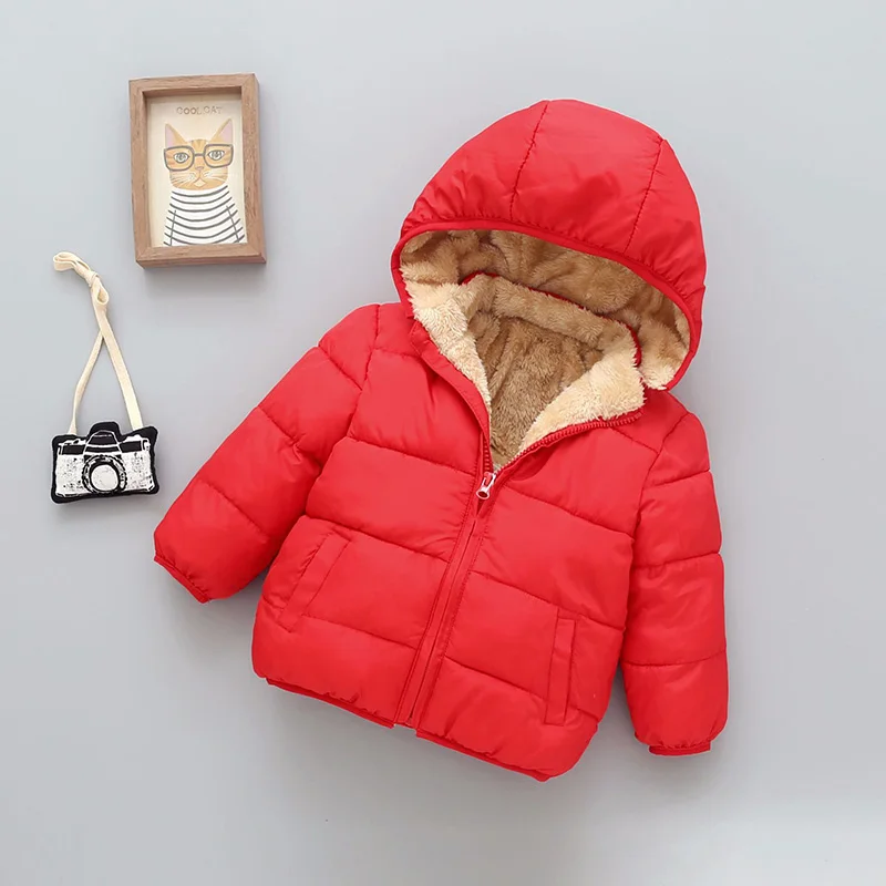 Коллекция года, осенне-зимняя куртка для маленьких девочек, ветровка для мальчиков детская теплая верхняя одежда с капюшоном, пальто Детская одежда для детей возрастом 2, 3, 4, 5, 6 лет - Цвет: Красный