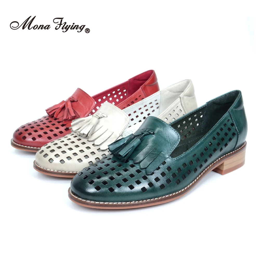 Mona Flying Women's Leather Penny Loafer Hand-made Slip-on Tassel Loafer Casual Flat Breathable Fringes Shoes for Women A068-35A