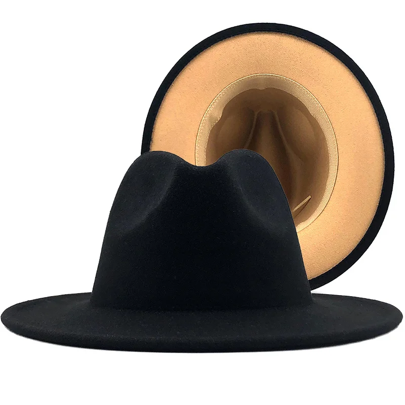 

New Outer black Inner tan Wool Felt Jazz Fedora Hats with Thin Belt Buckle Men Women Wide Brim Panama Trilby Cap