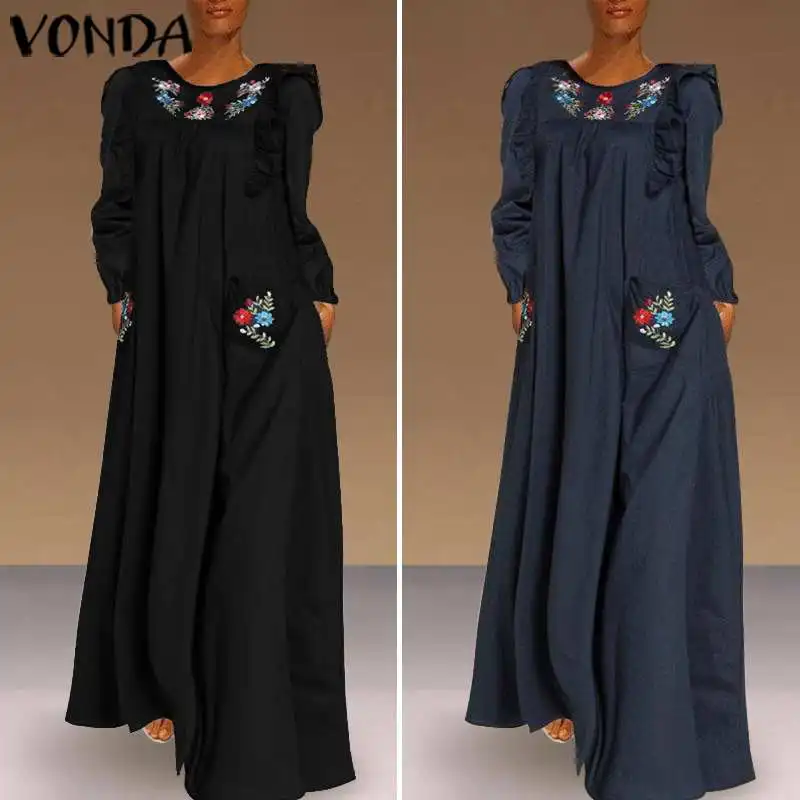 VONDA платье с длинным рукавом для беременных; повседневные осенние платья с принтом; однотонное вечернее платье с оборками; свободное пляжное платье Vestidos