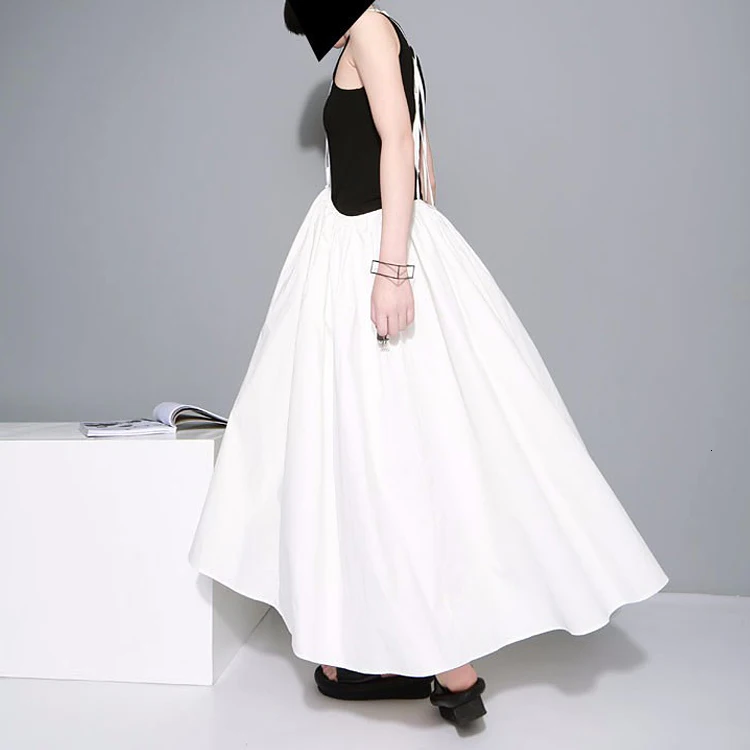 lanmrem New Spring Summer High Elastic Waist White Split Joint Big Size Cross Bandage Half-body Skirt Women Fashion WD813