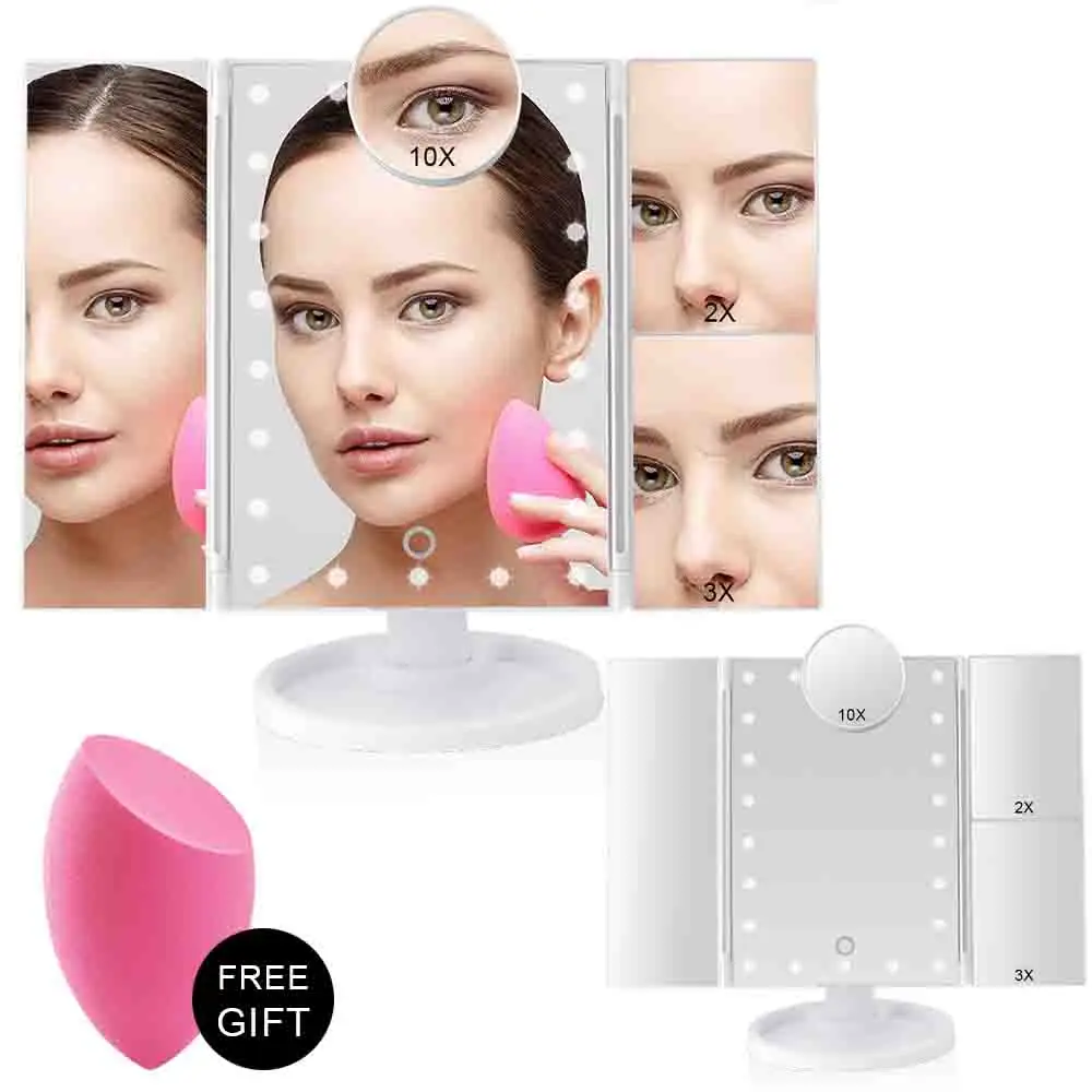 

Makeup Mirror With Touch Screen 22 LED Light Vanity Magnifying 1X/2X/3X/10X Flexible Mirror Cosmetic 3 Folding Adjustable Supply
