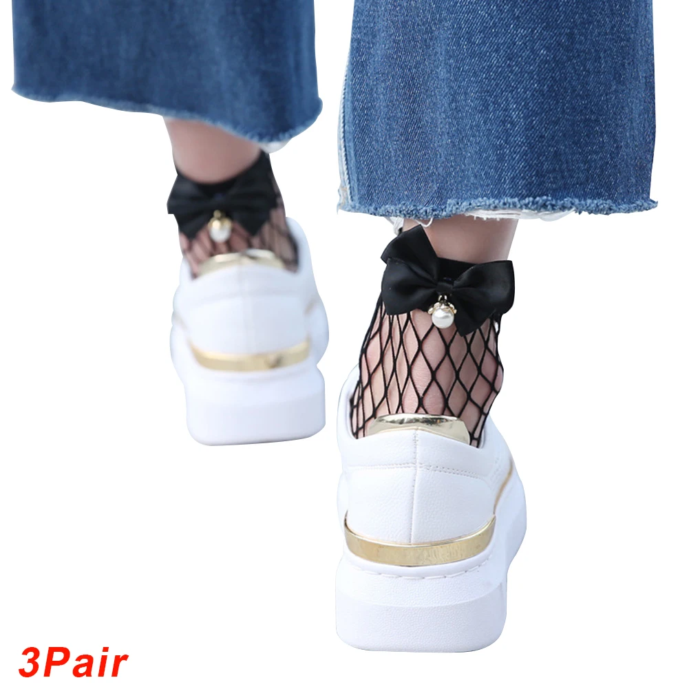 3pair Bow Fishnet Women Socks Female Cute Breathable Ankle Socks Ladies Retro Beaded Soft Solid Fashion Socks High Heel