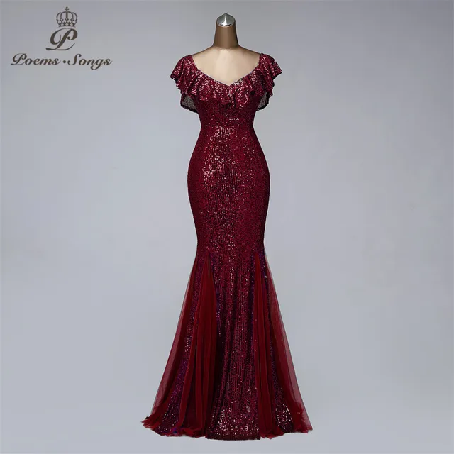 V-neck evening dresses long formal dress women elegant mermaid vestidos de fiesta wine red dress elegant evening gowns 1