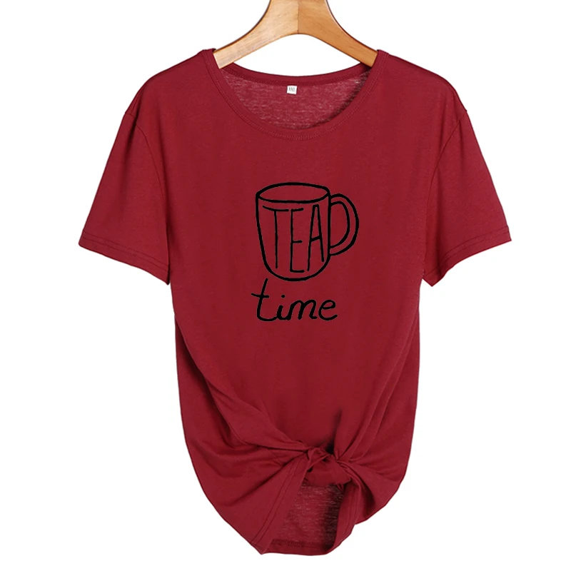 wine red-black Милая забавная футболка, женские топы, чайное время Харадзюку, Повседневная графическая футболка, женская одежда, летняя повседневная футболка, черная, белая - Цвет: wine red-black
