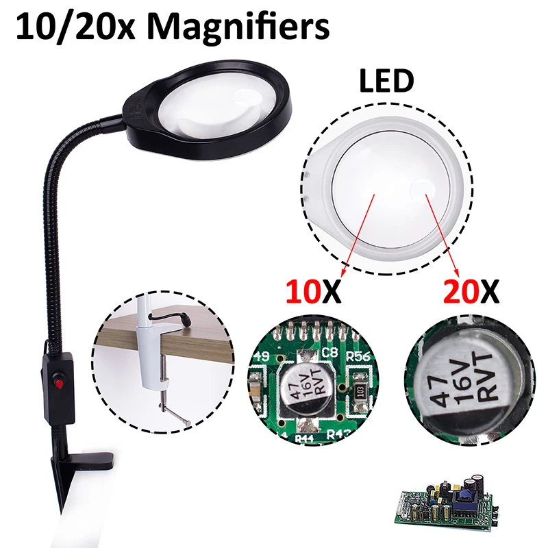 

10/20X Loupe glasses magnifier with illumination magnifying glass with led lights clip table magnifier for soldering loupe led