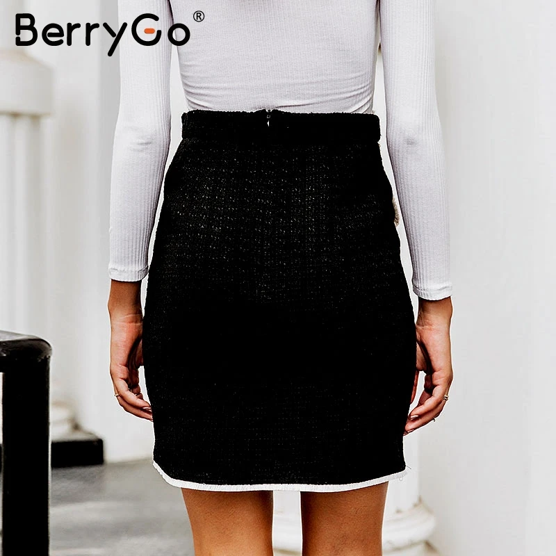 BerryGo винтажная твидовая юбка женская двубортная Лоскутная Женская облегающая короткая юбка офисные женские осенние мини-юбки на молнии